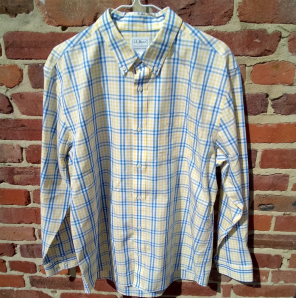 Mens L.L.Bean L/S Yellow Blue Plaid B Down "Slightly Fitted" Casual Shir…
